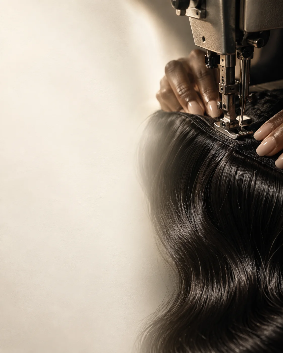 Skilled hands guiding black hair through an industrial sewing machine during wig construction