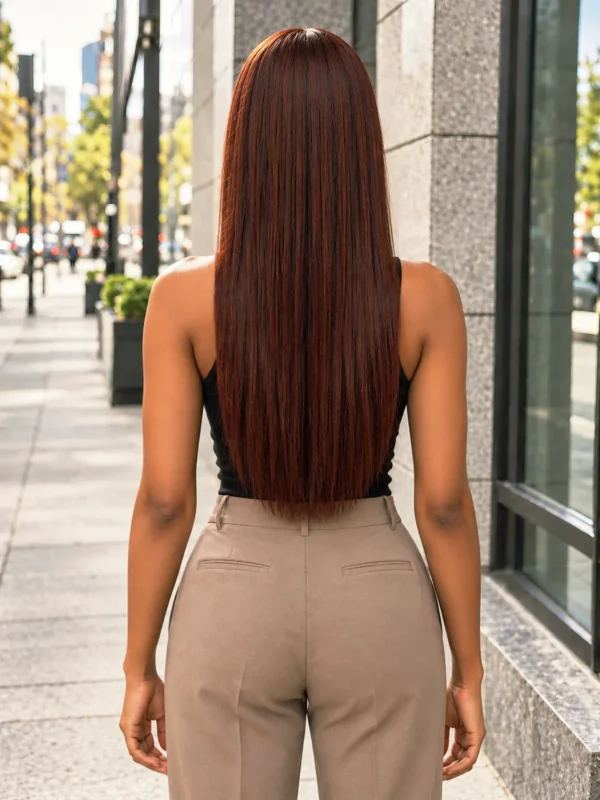 The Boss Belle 24-inch colour 350 straight raw human hair wig, rear view on a model.