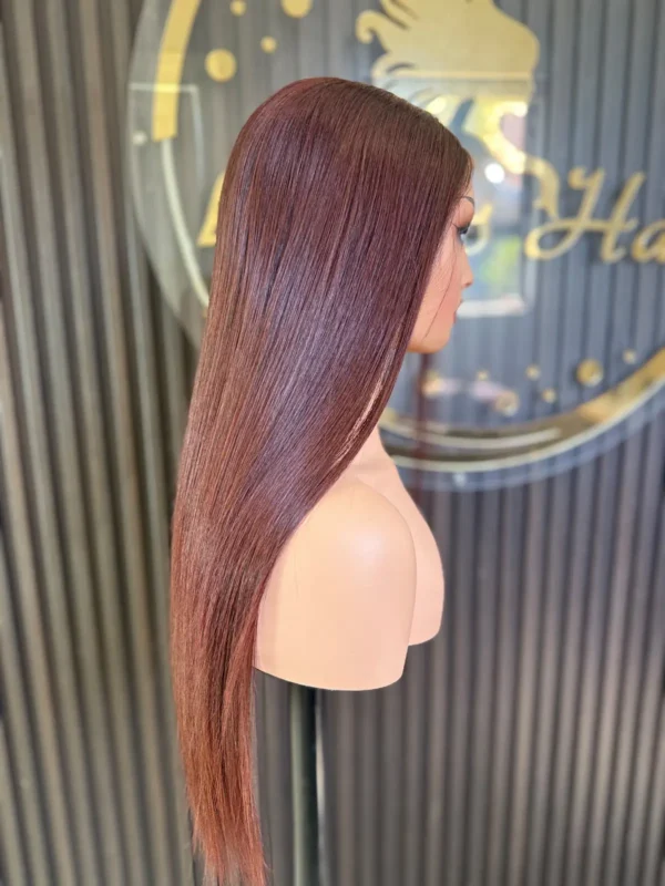 The Boss Belle 24-inch colour 350 straight raw human hair wig, side view on a mannequin.