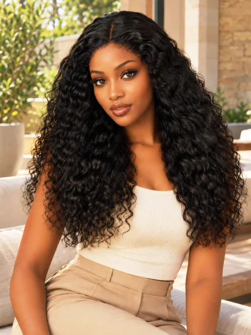 The Burmese Belle — Front view The Burmese Belle 22-inch Natural Black Burmese curls wig, front view on a model.