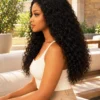 The Burmese Belle 22-inch Natural Black Burmese curls wig, side view on a model.