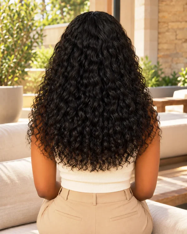 The Burmese Belle 22-inch Natural Black Burmese curls wig, rear view on a model.