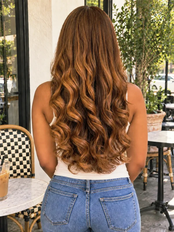 The Golden Belle 24-inch 4/27 bouncing curls wig, rear view on a model.