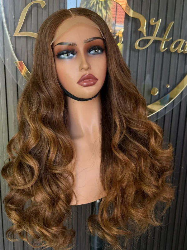 The Golden Belle 24-inch 4/27 bouncing curls wig, close-up on a mannequin.